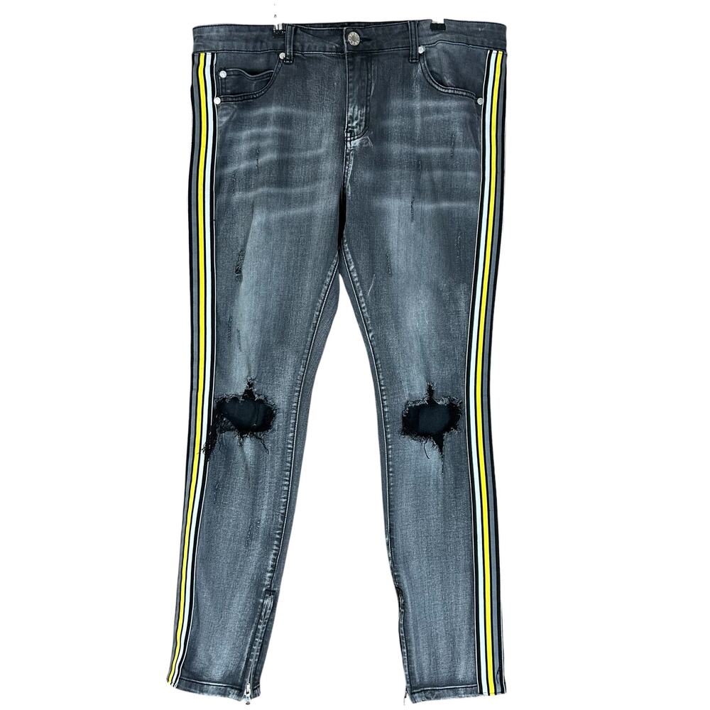 Thrt Jeans Men Size 36 Dark Gray Yellow Striped Ripped Distressed Skinny Denim